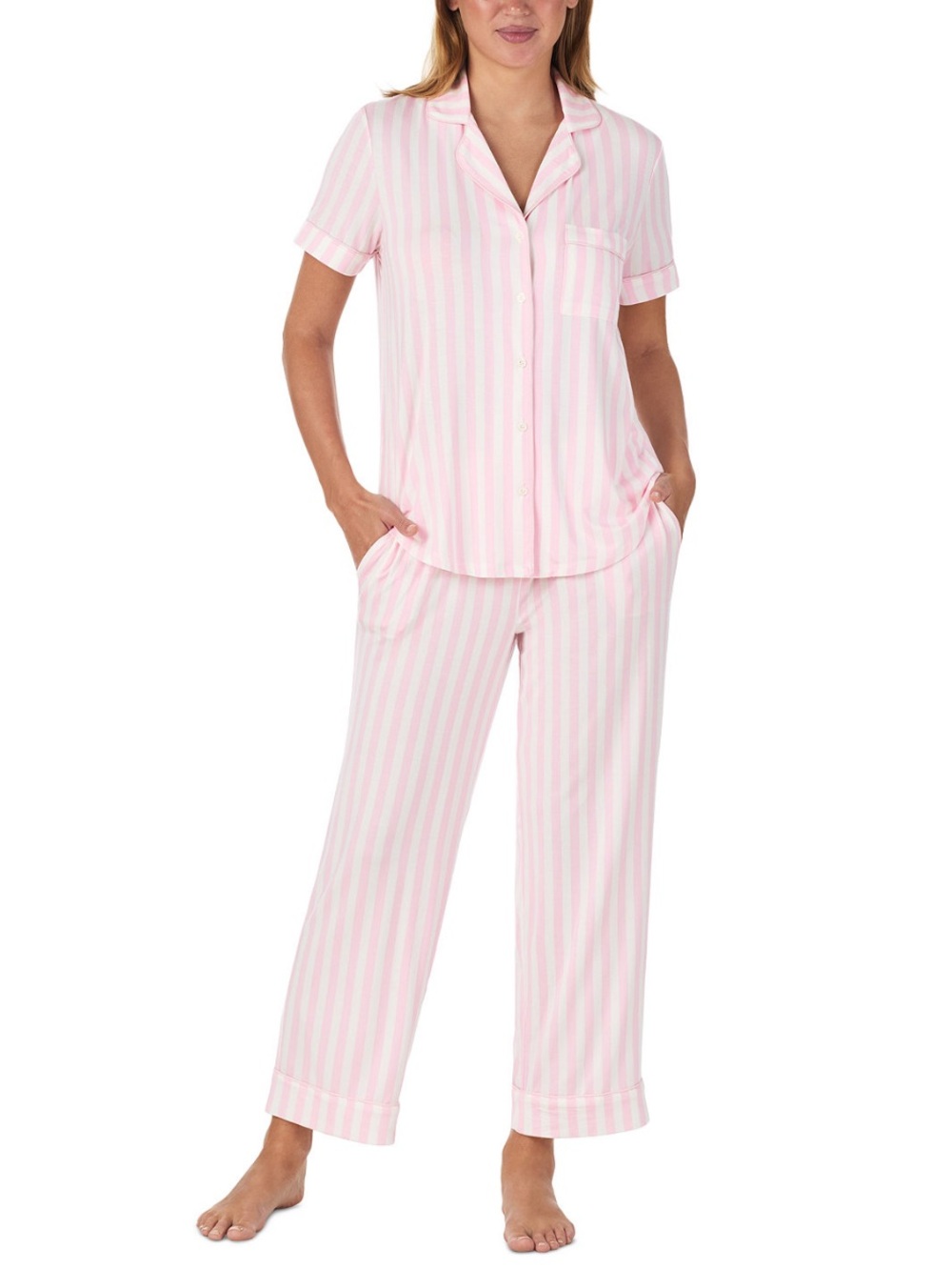Kate Spade Pink White Striped Short Sleeve Cropped Pajama Set Size Small